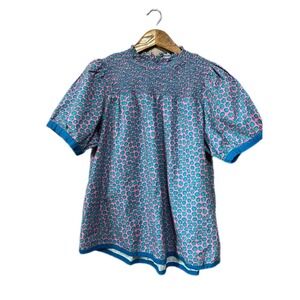 Umgee Blue and Pink Smocked Puff Sleeve Blouse